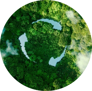 Imagen aérea de un bosque con un símbolo de reciclaje